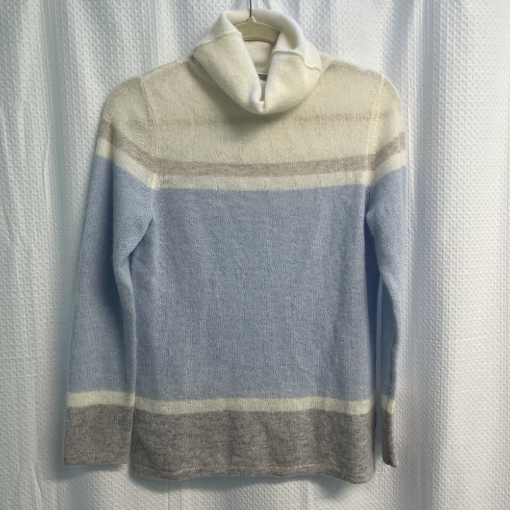 Pure 100% Cashmere Turtleneck Sweater Cream Blue Colorblock Stripe Sweater 6